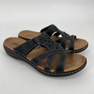 Clarks Leisa Plume Slide Sandals Womens 7M Black Leather Adjustable Open Toe
